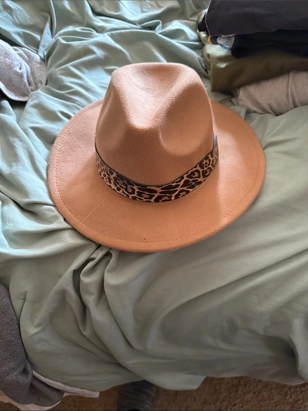 Women's Tan Felt Fedora with Leopard Accent